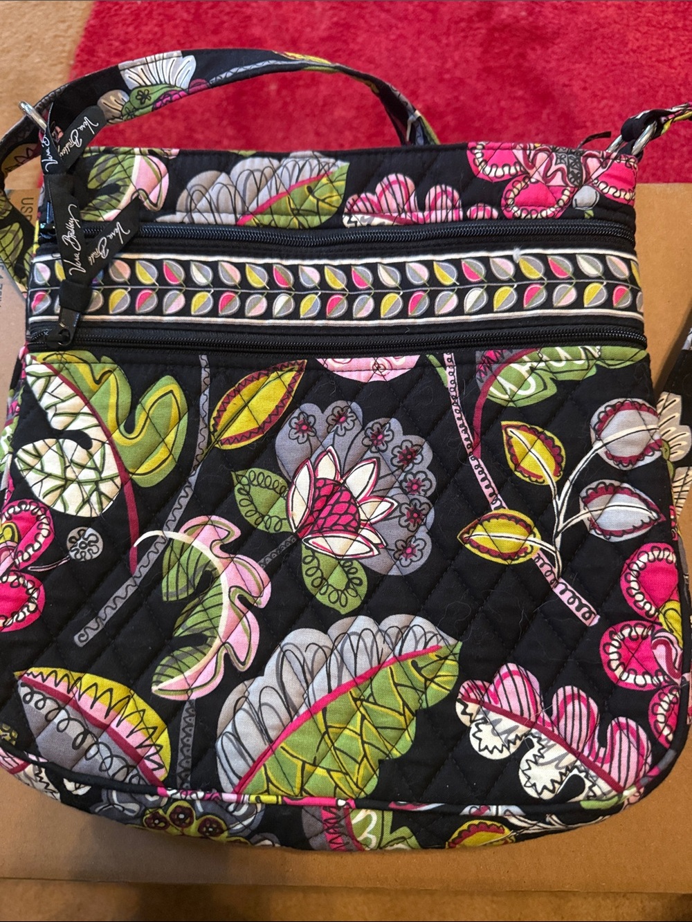 Vera Bradley Black Quilted Floral Crossbody with Pink & Green Accents
